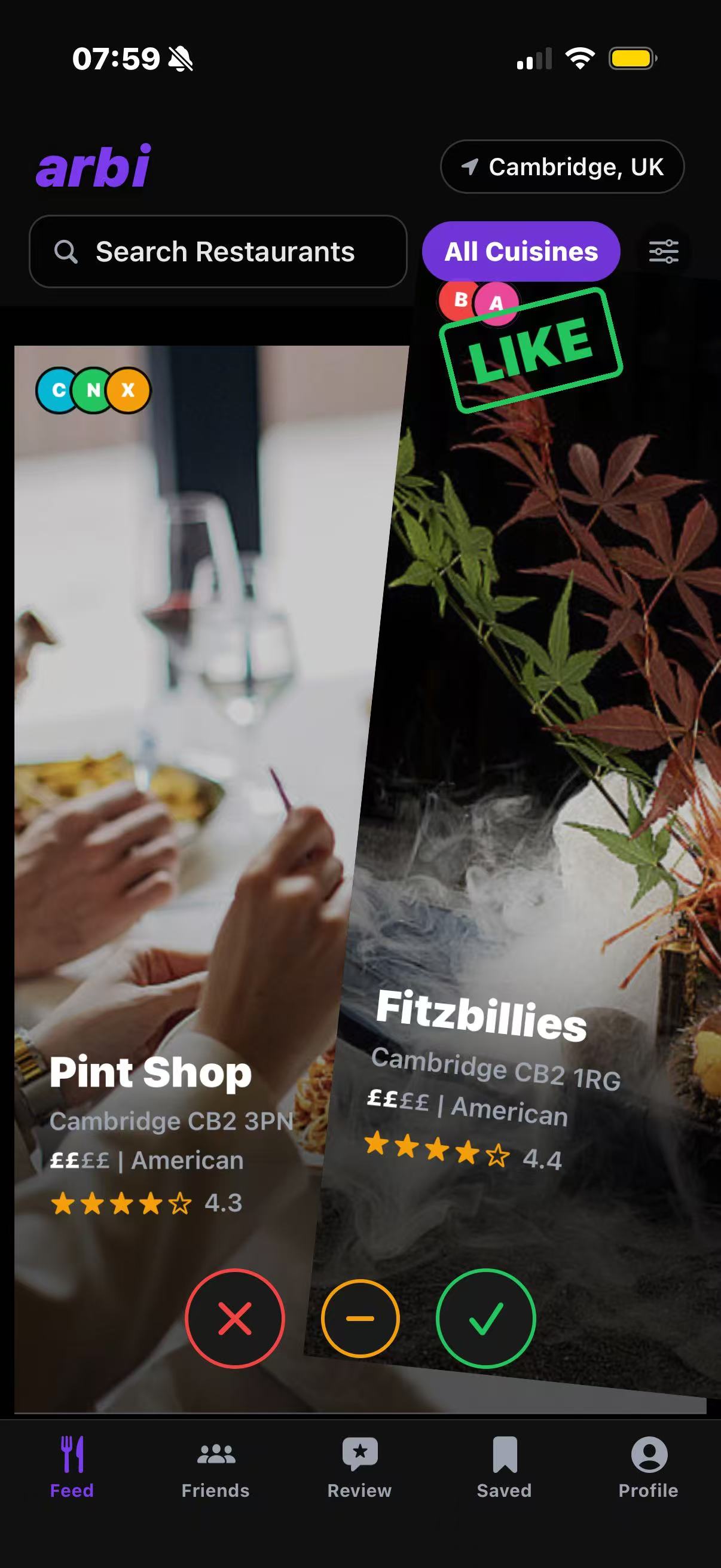 Arbi feed showing two Cambridge restaurants and swipe controls
