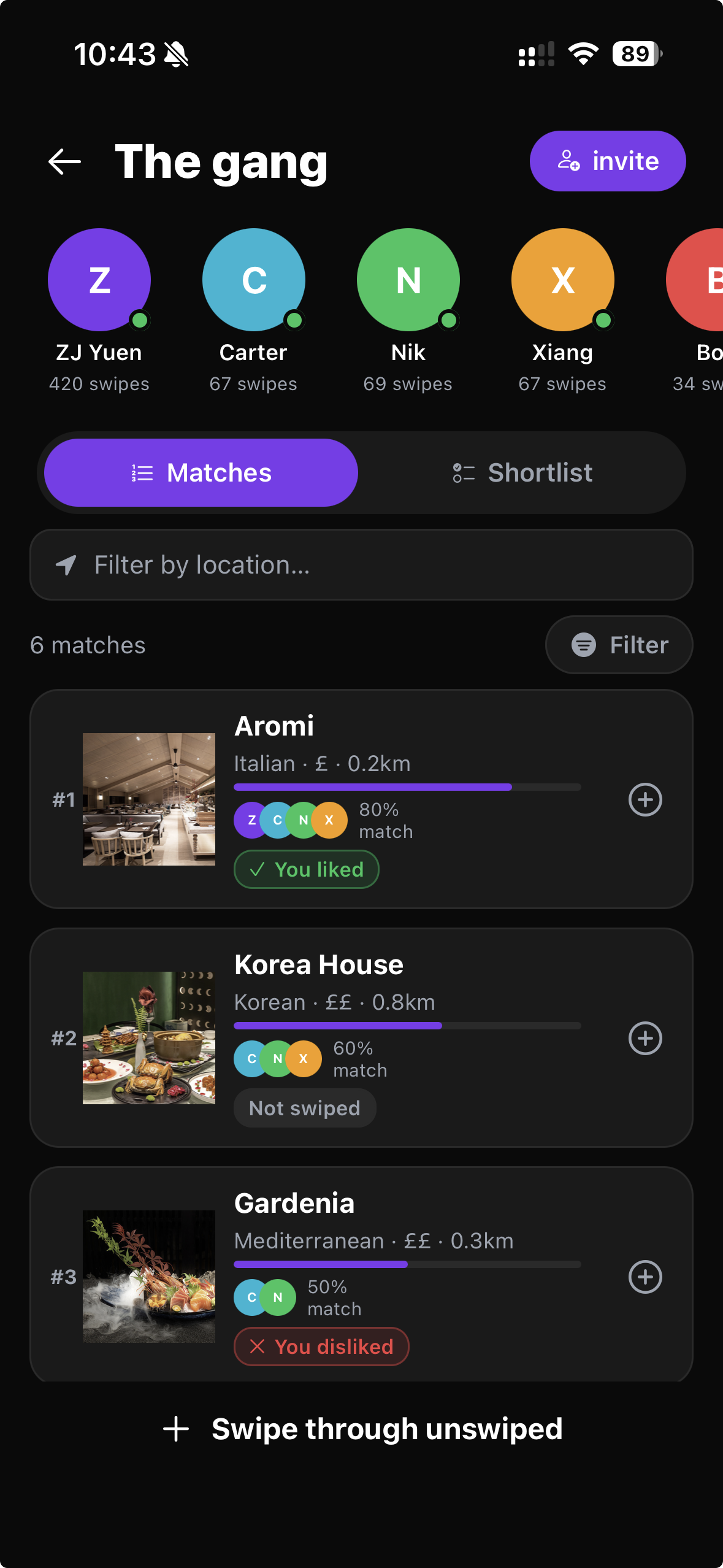 Arbi Group screen showing members and restaurant consensus