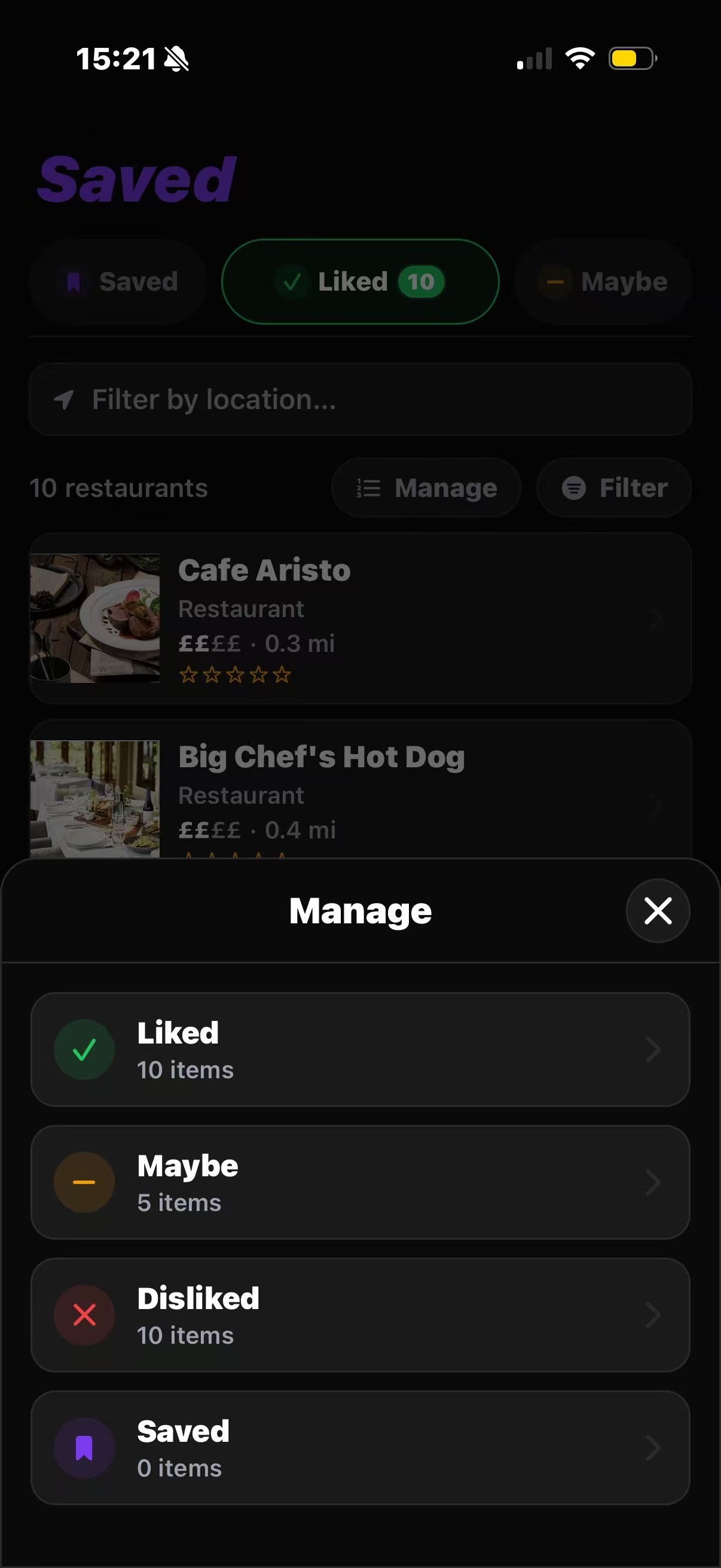 Arbi Saved screen showing liked, maybe, disliked, and saved lists